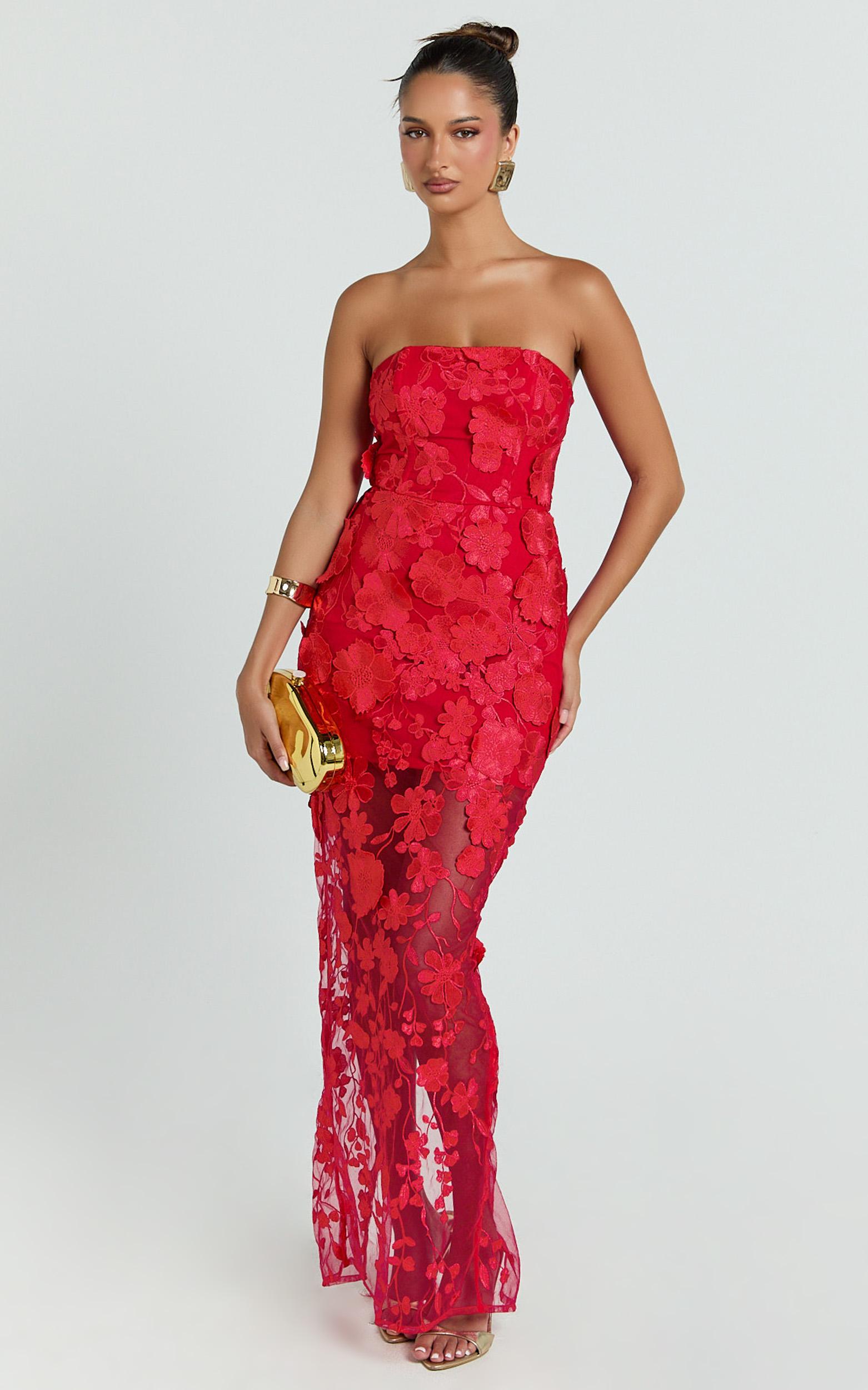 sienna maxi dress - 3d floral strapless column dress in red