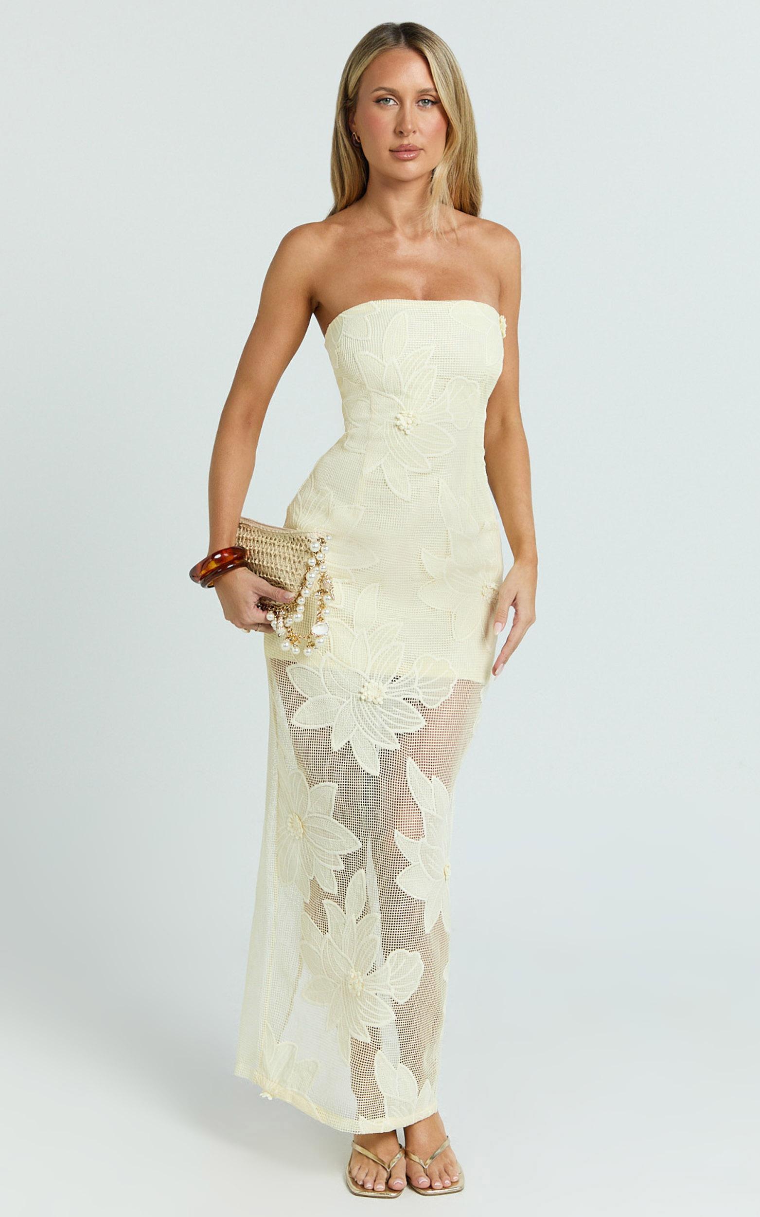 sienna midi dress - strapless floral embroidered bodycon dress in lemon