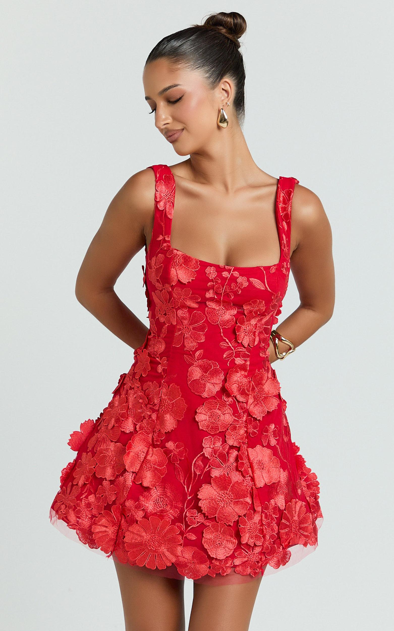 sienna mini dress - 3d floral fit and flare dress in red