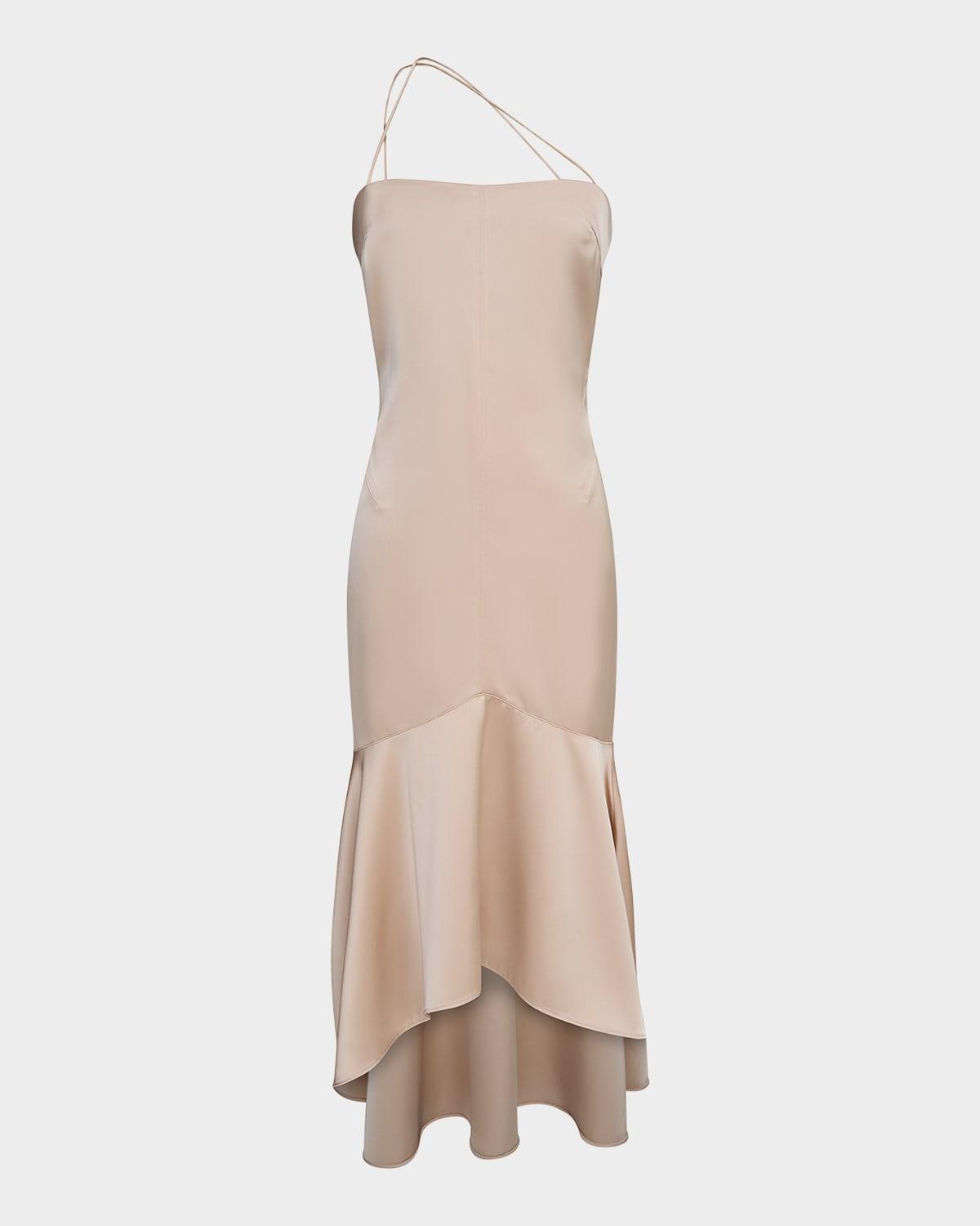 sierra asymmetric high-low satin midi dress