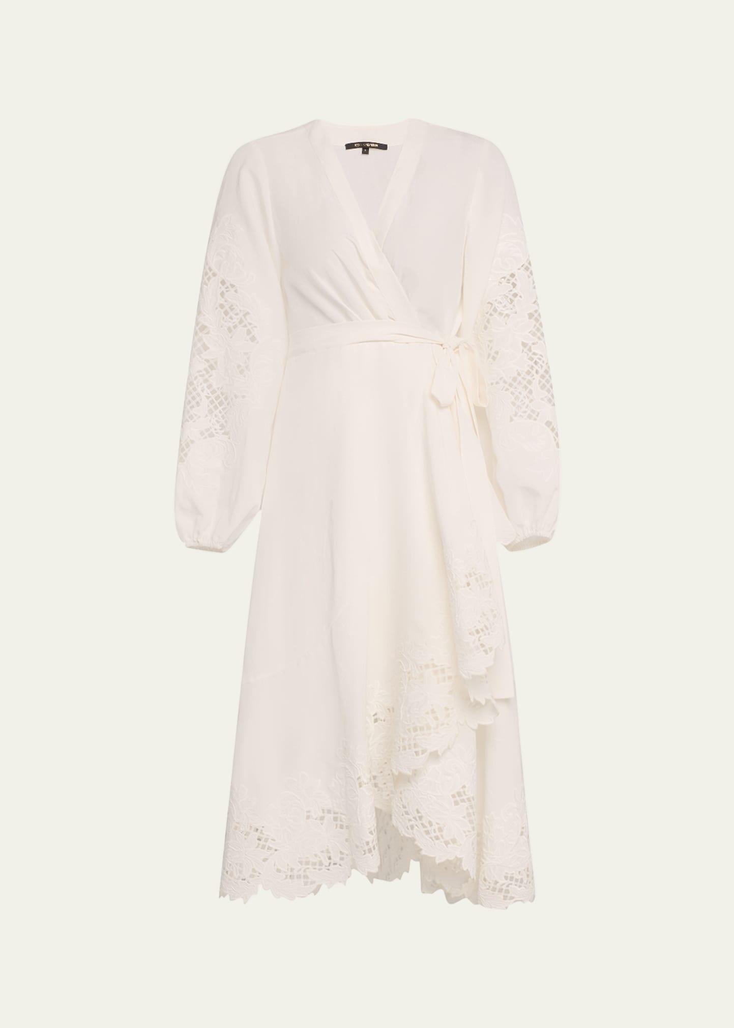sigal embroidered lace-inset midi wrap dress