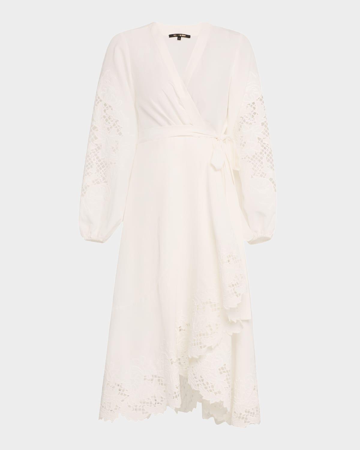 sigal embroidered lace-inset midi wrap dress