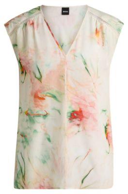 silk blouse with ladder lace and seasonal print- patterned women's business blouses