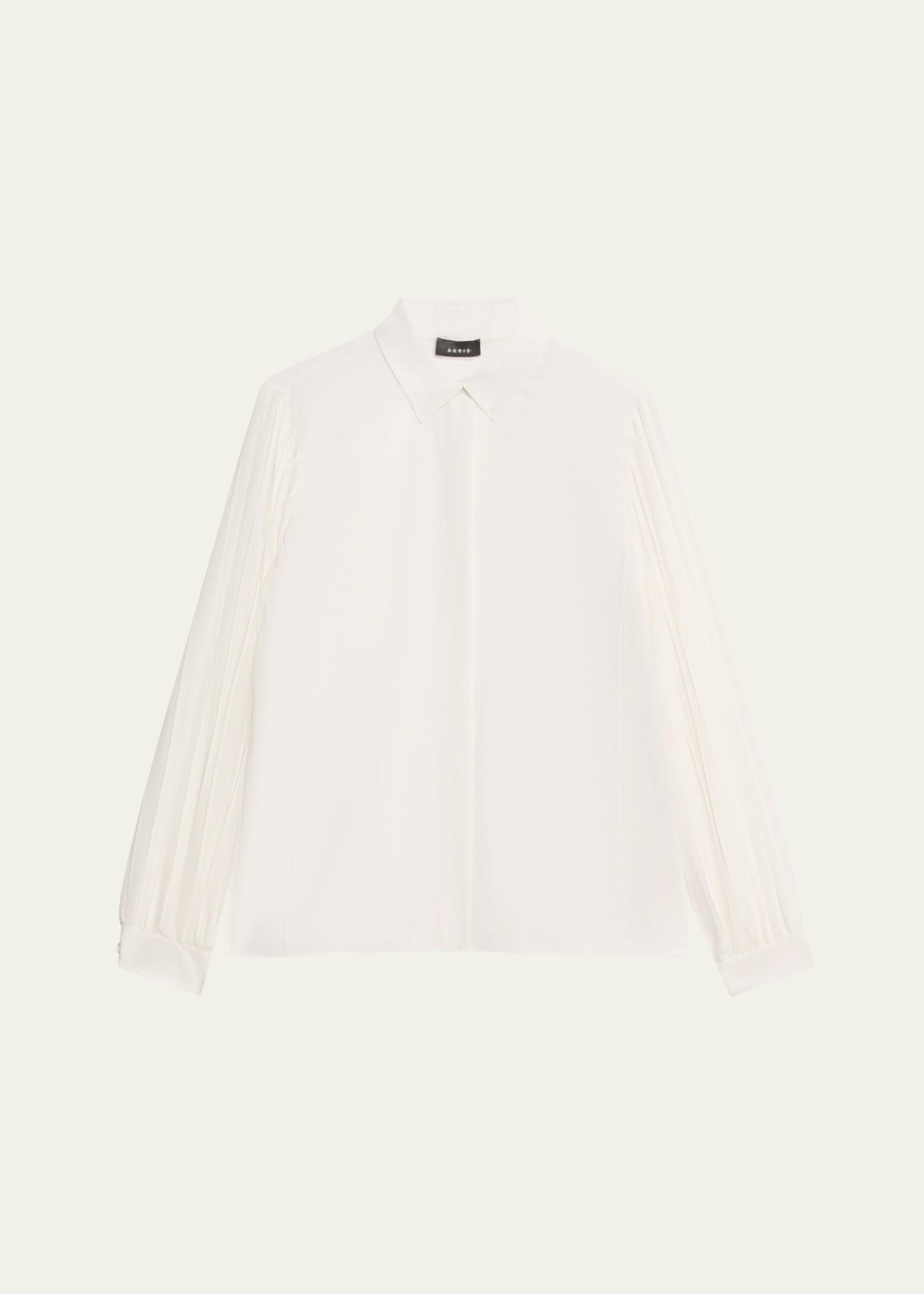 silk crepe pleated-sleeve blouse