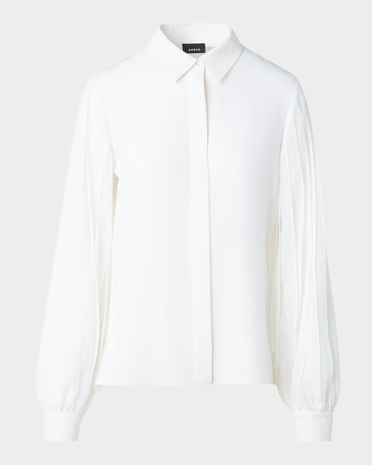 silk crepe pleated-sleeve blouse