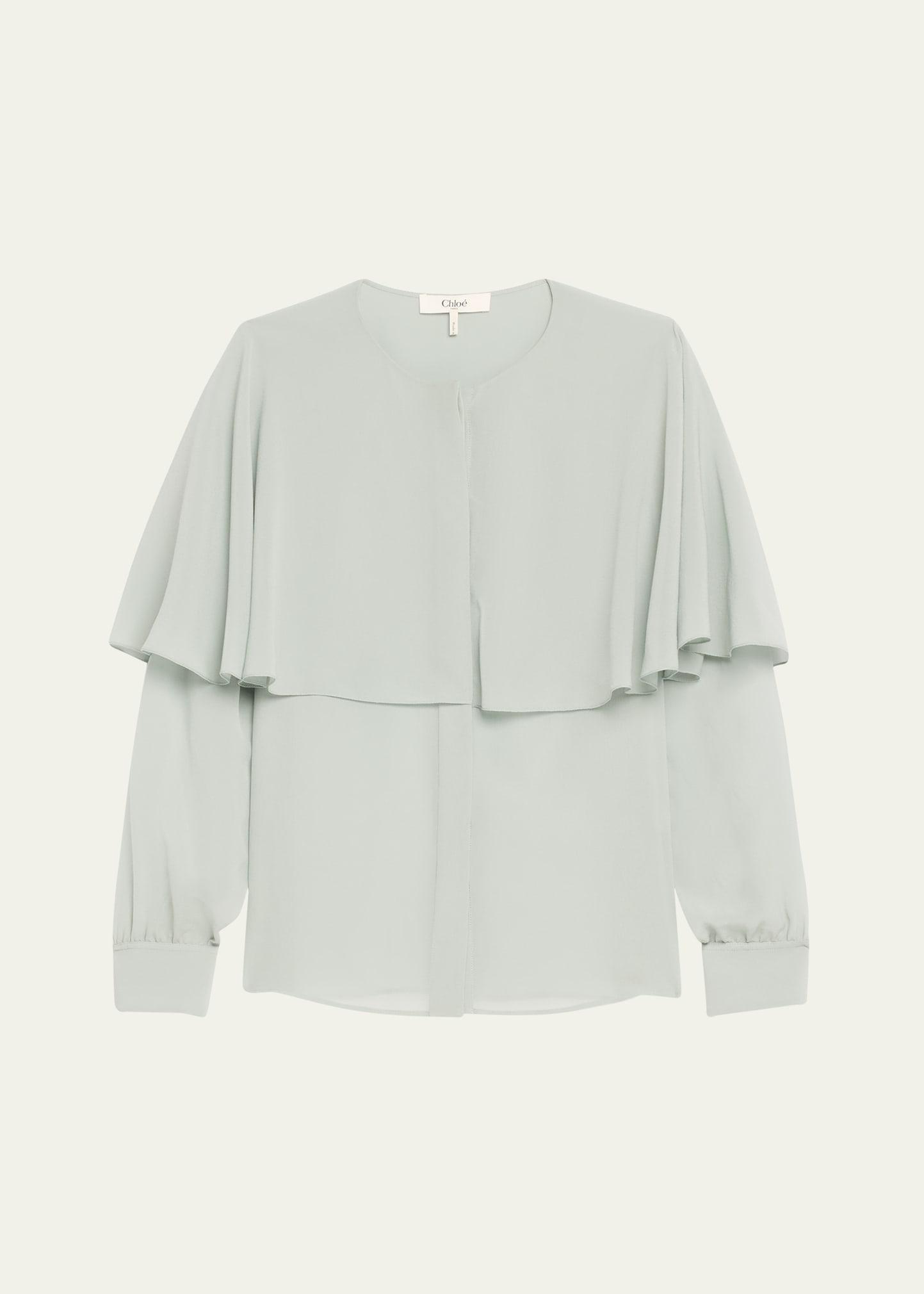 silk georgette button-front blouse with shawl overlay