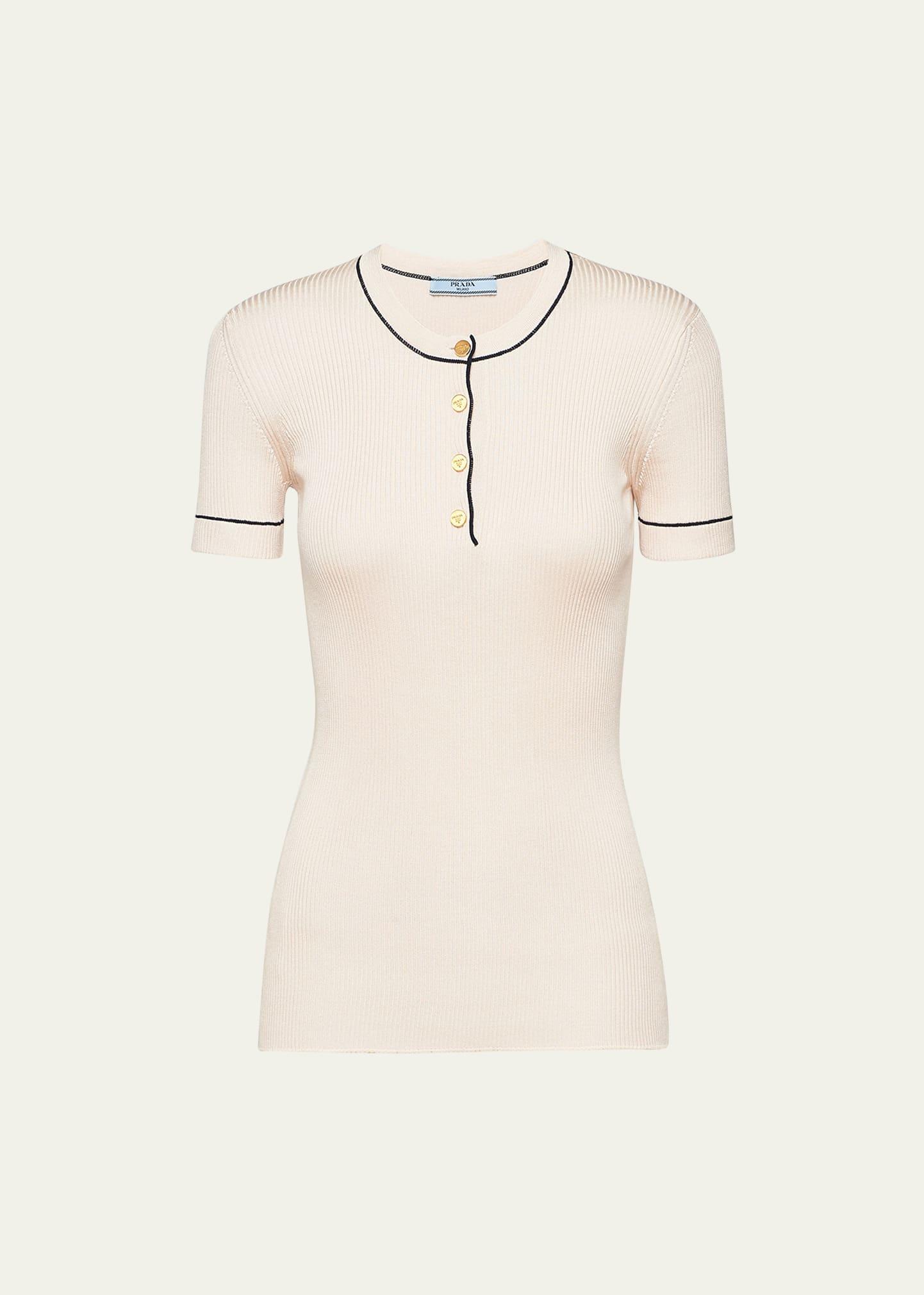 silk knit ribbed shirt with contrast tipping
