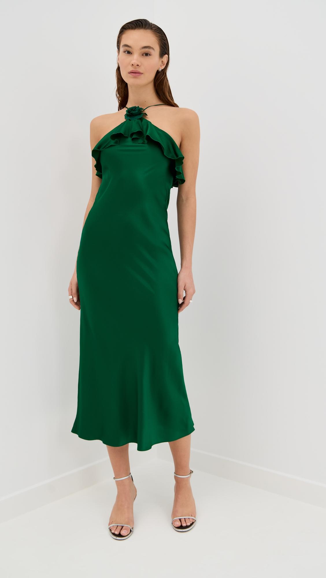 silk satin bias halter slip dress with ruffle detail and silk flower