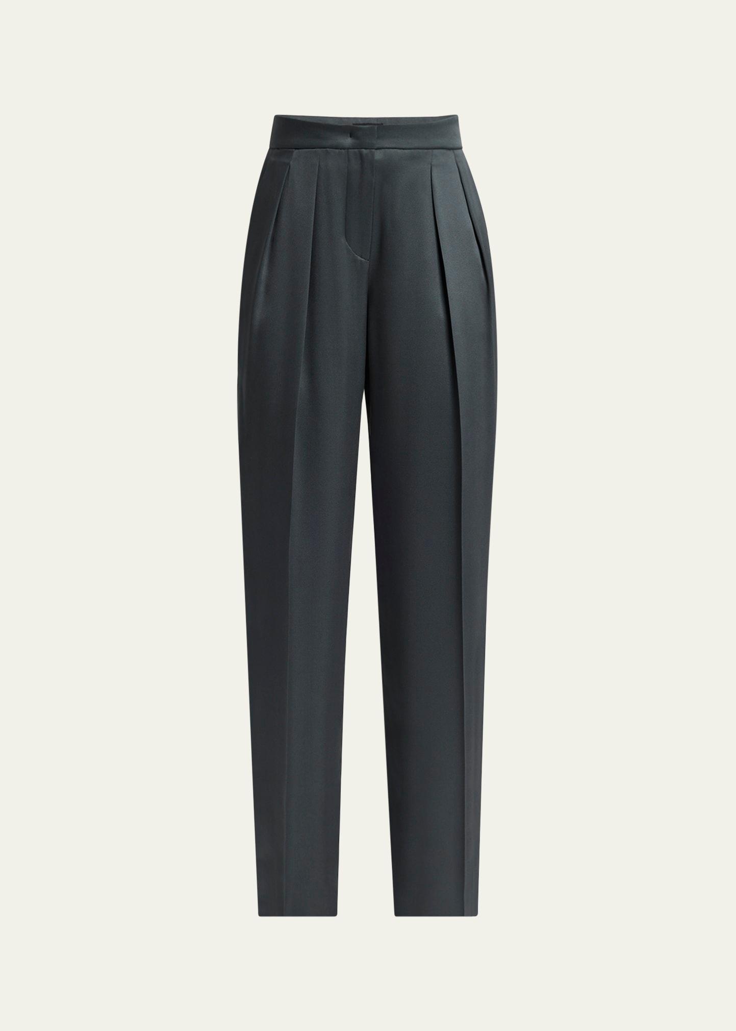 silk satin pleated straight-leg trousers
