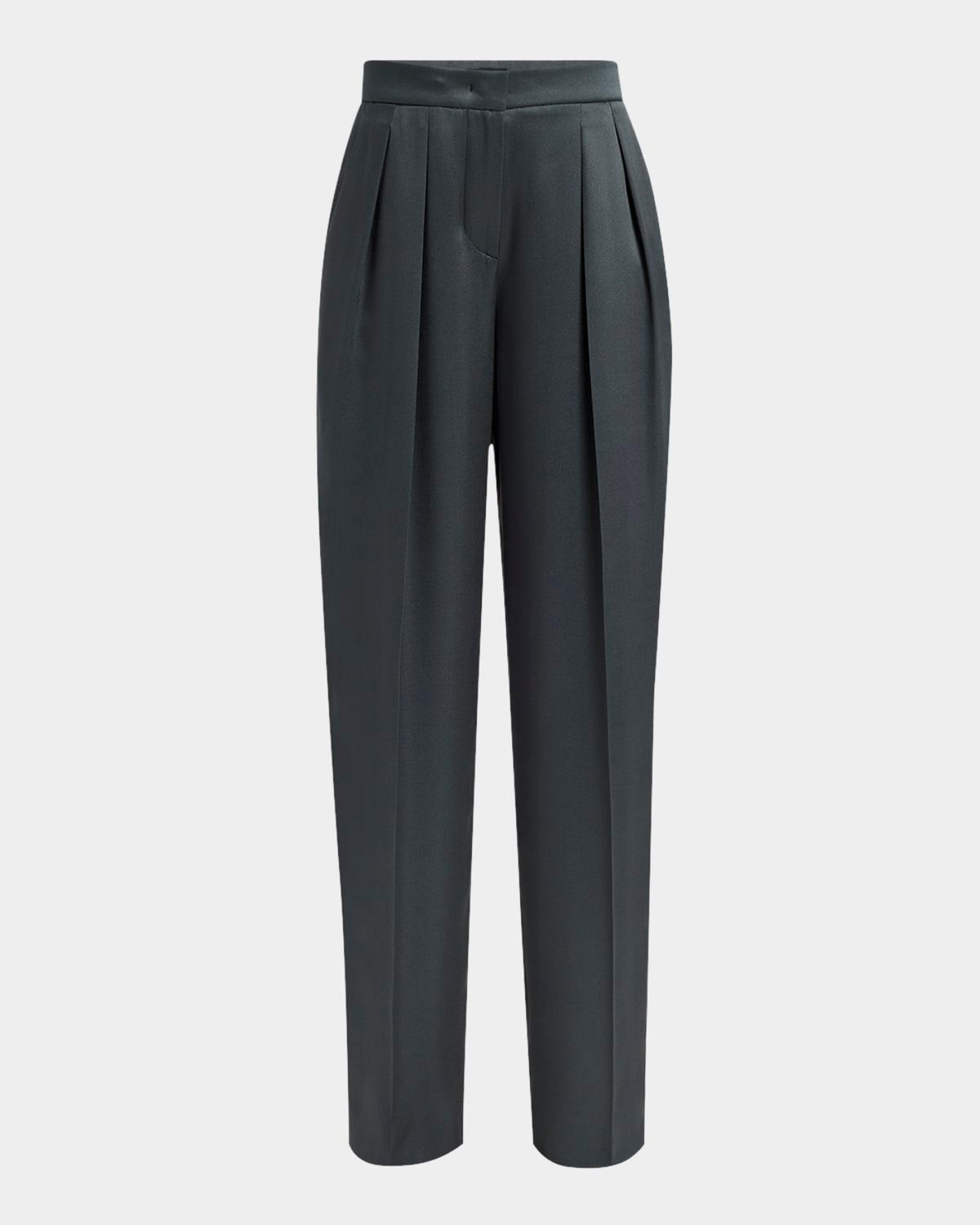 silk satin pleated straight-leg trousers