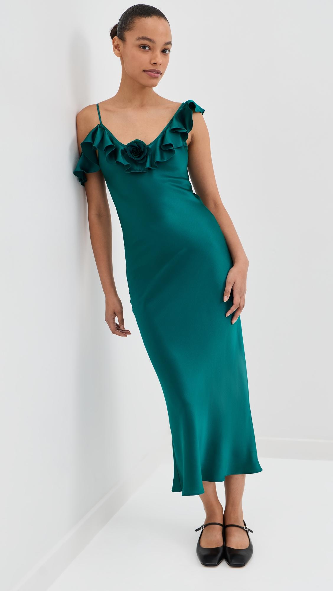 silk satin ruffle bias slip dress