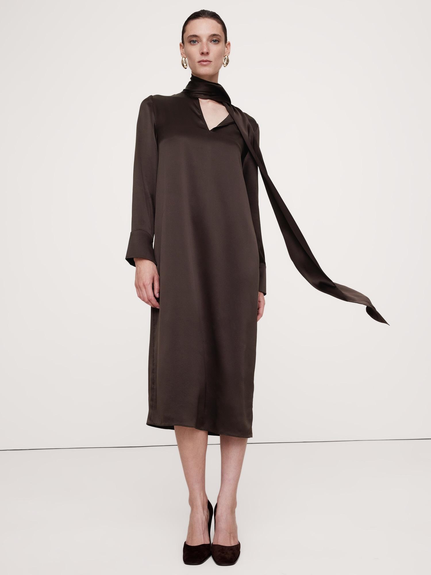 silk tie-neck midi dress
