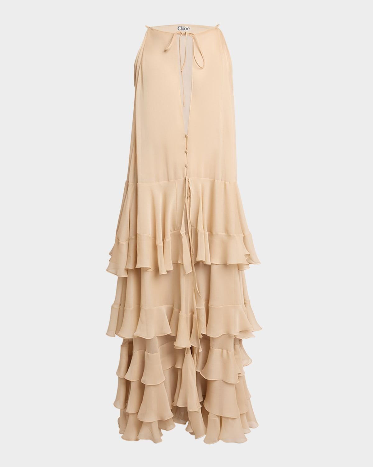 silk tiered-ruffle sleeveless maxi dress