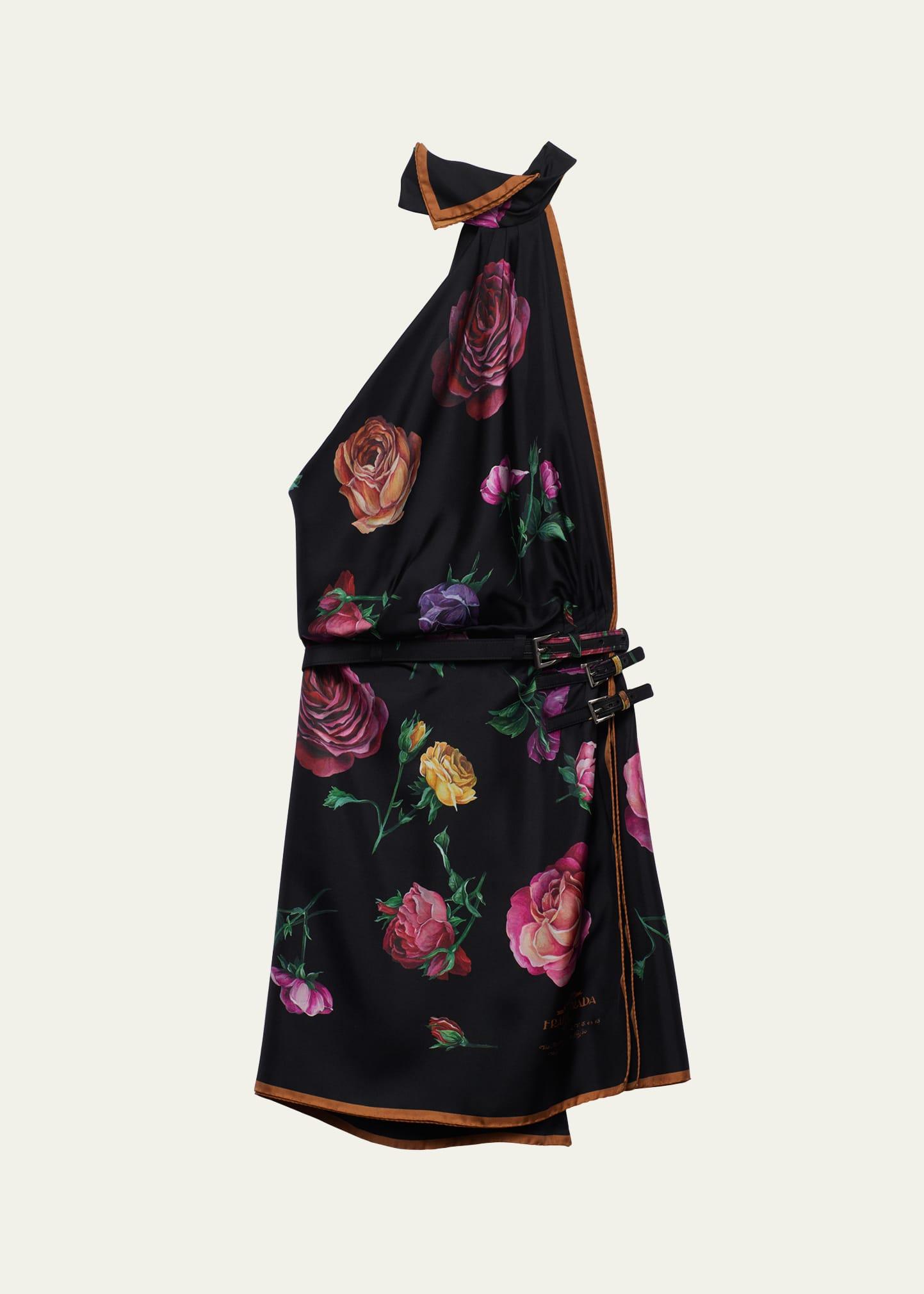 silk twill floral-print backless halter mini dress
