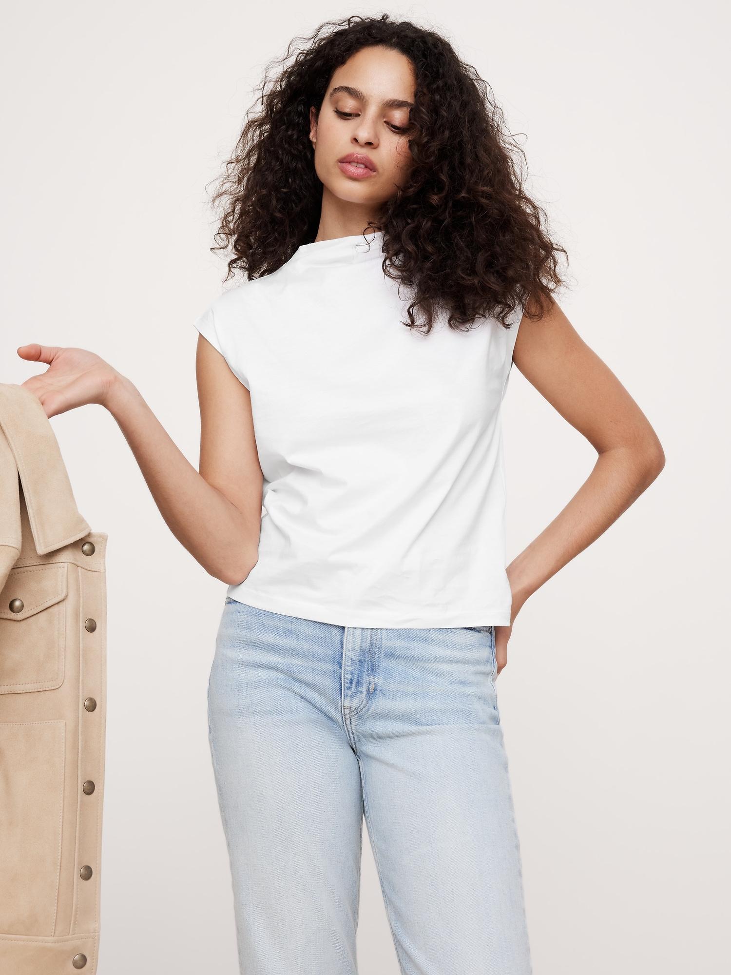silky cotton mock-neck top