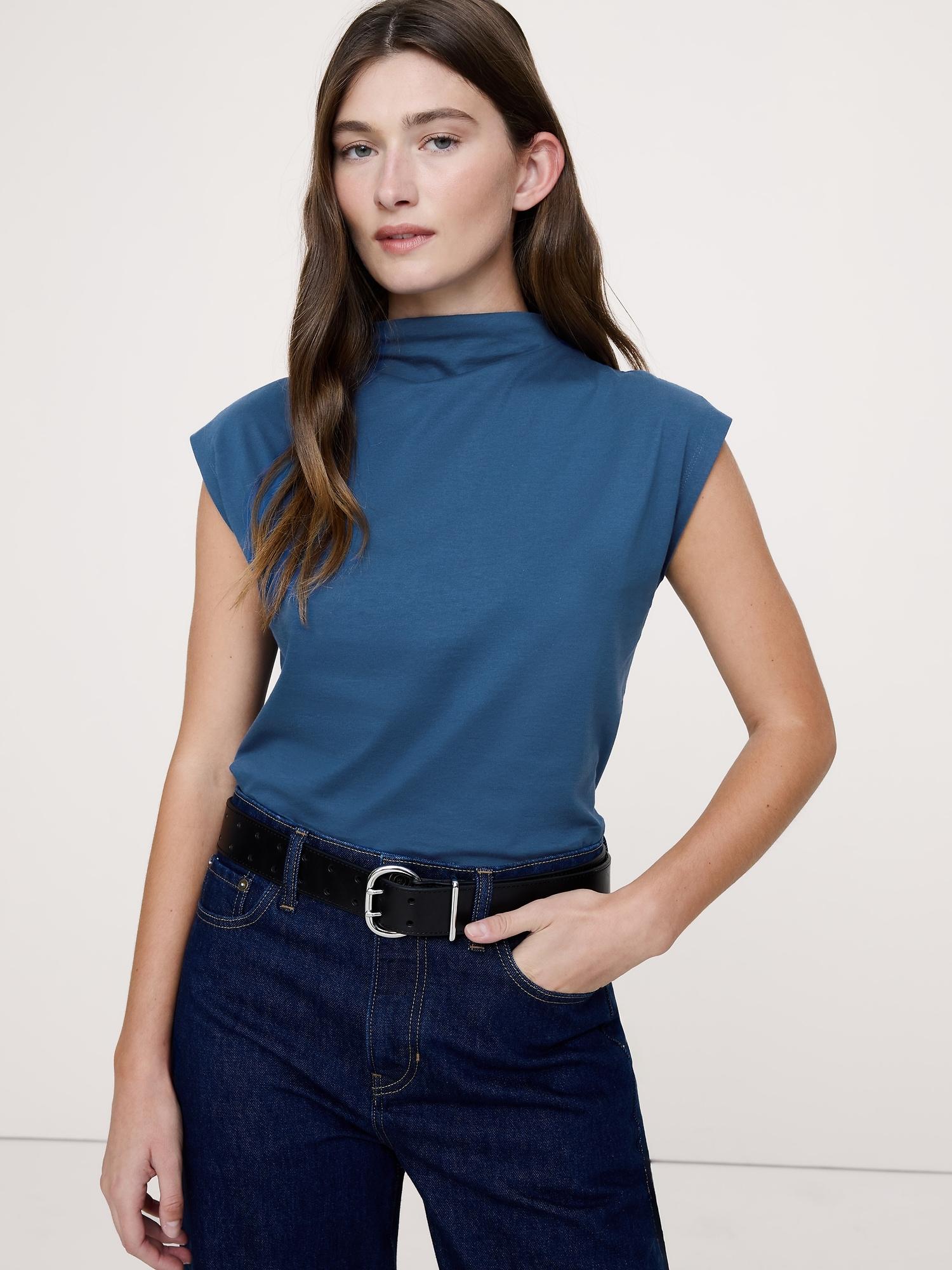 silky cotton mock-neck top