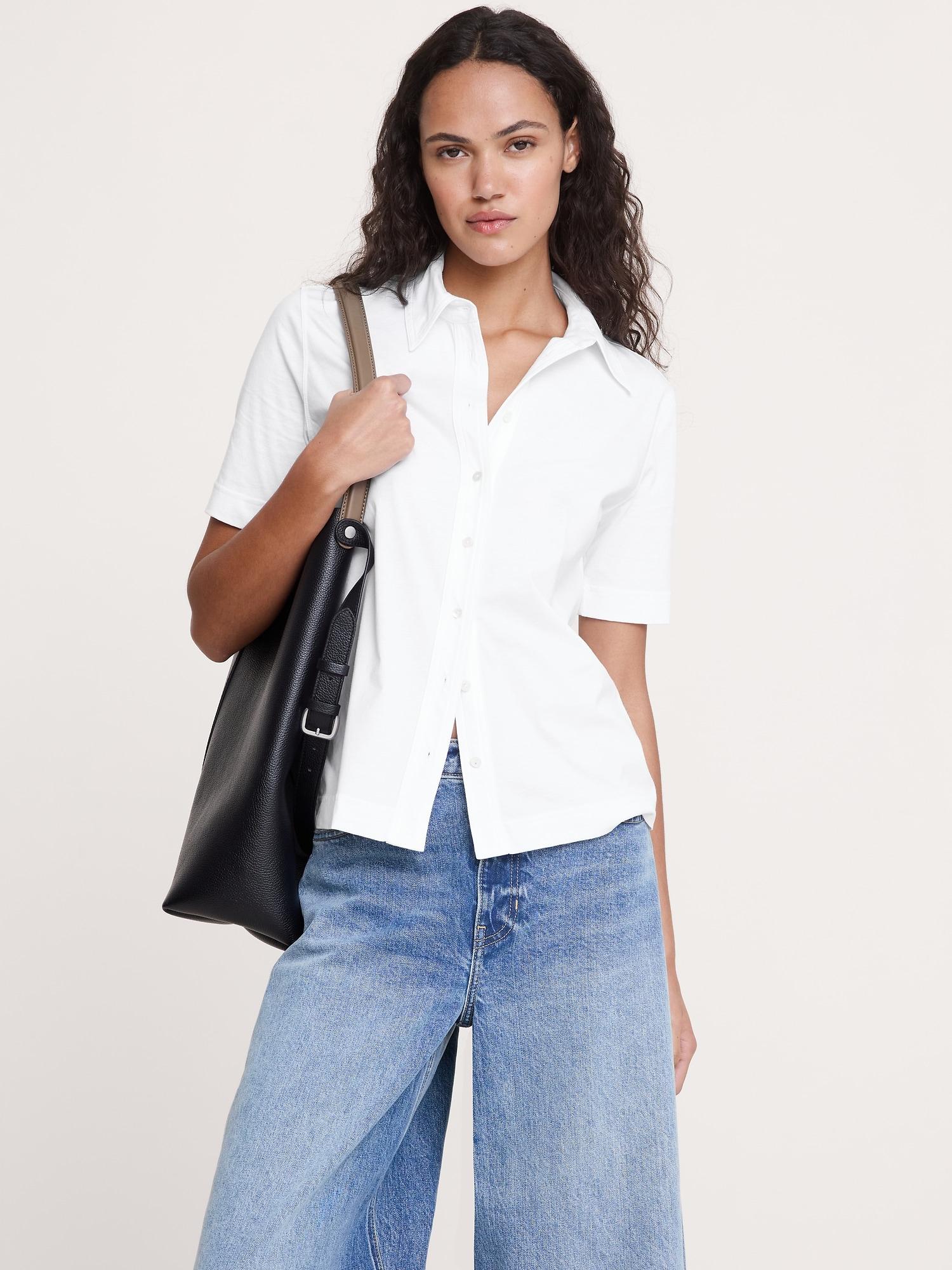 silky cotton short-sleeve button-down top