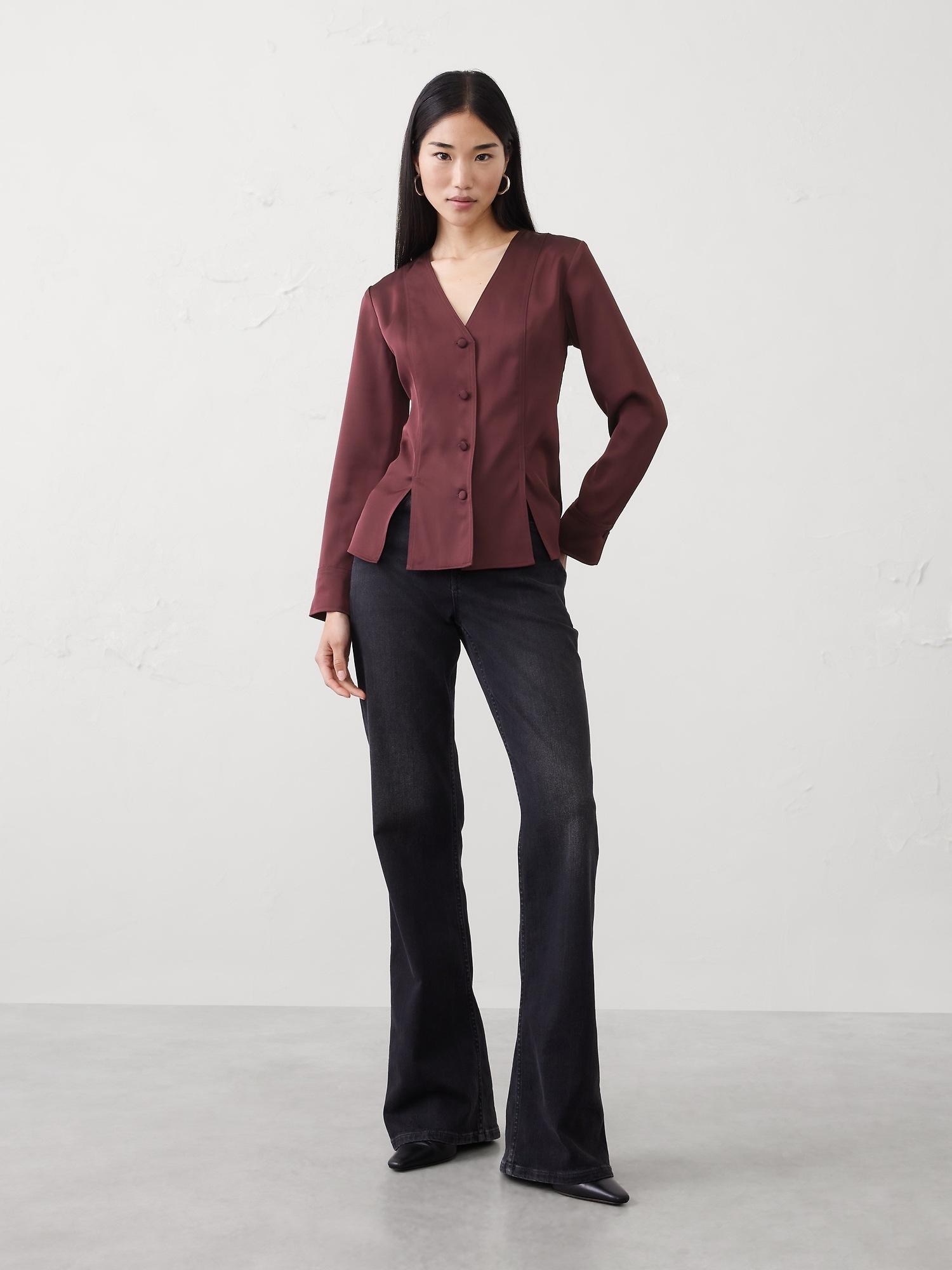 silky seamed slit blouse