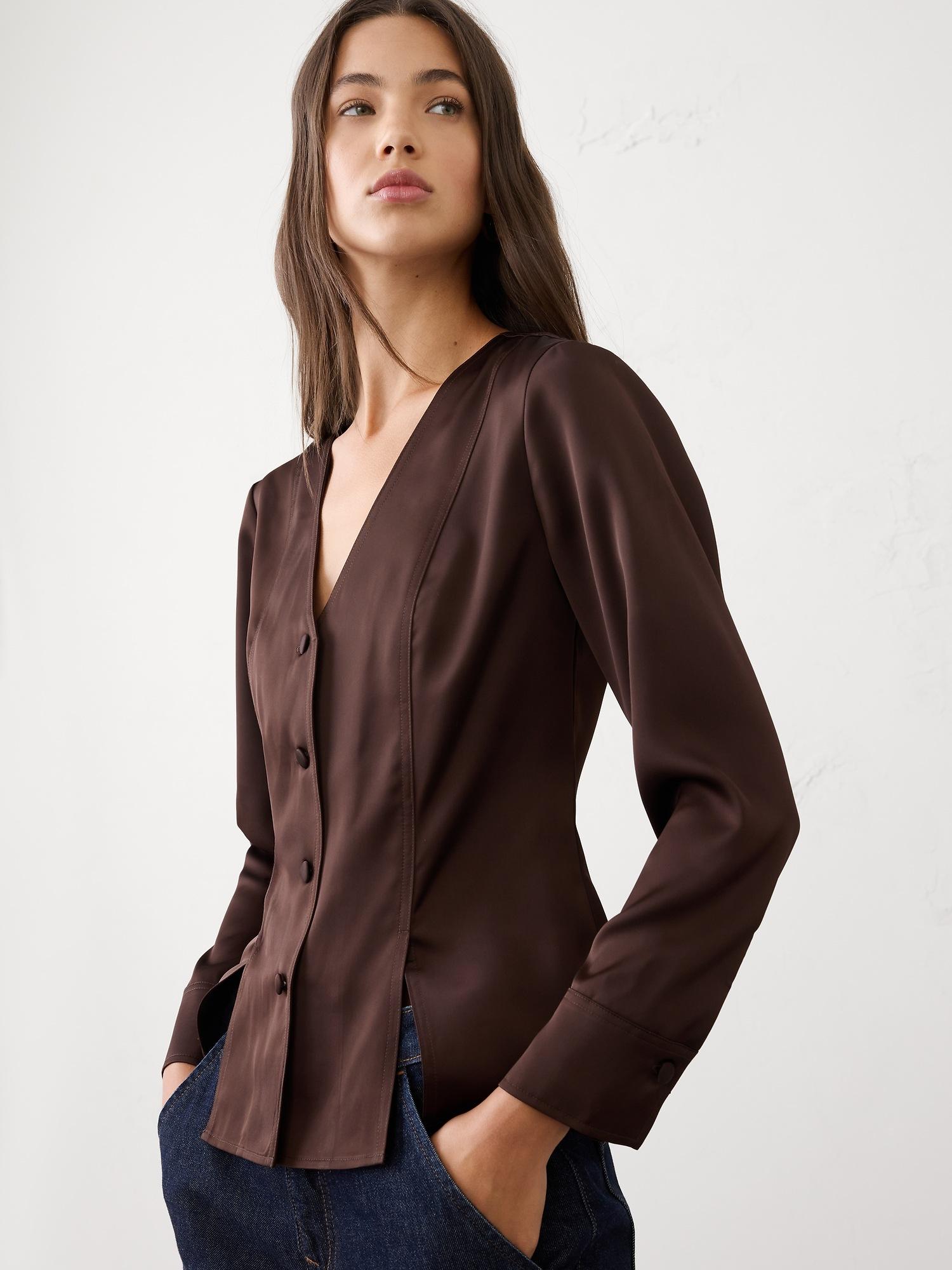 silky seamed slit blouse