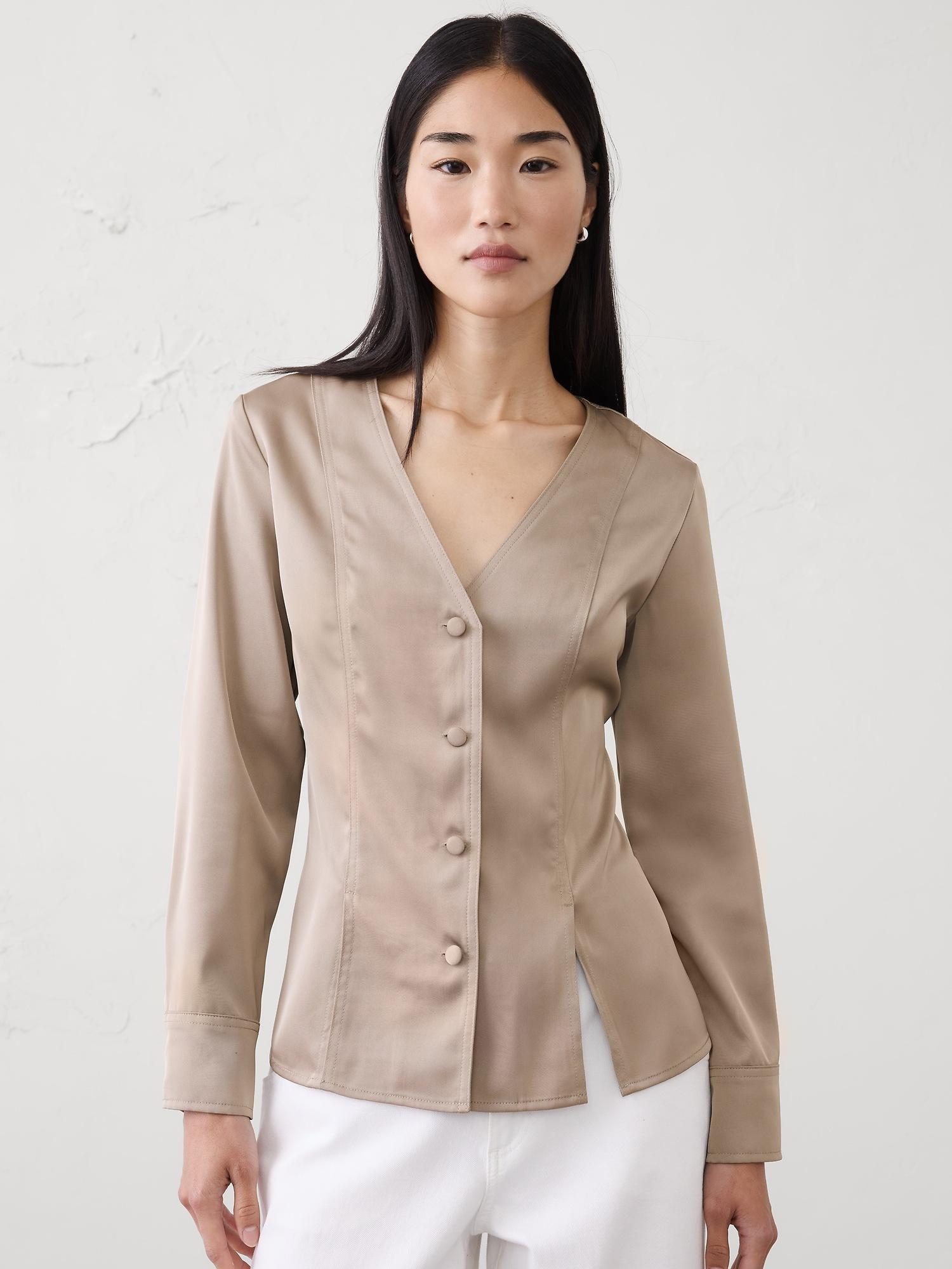 silky seamed slit blouse