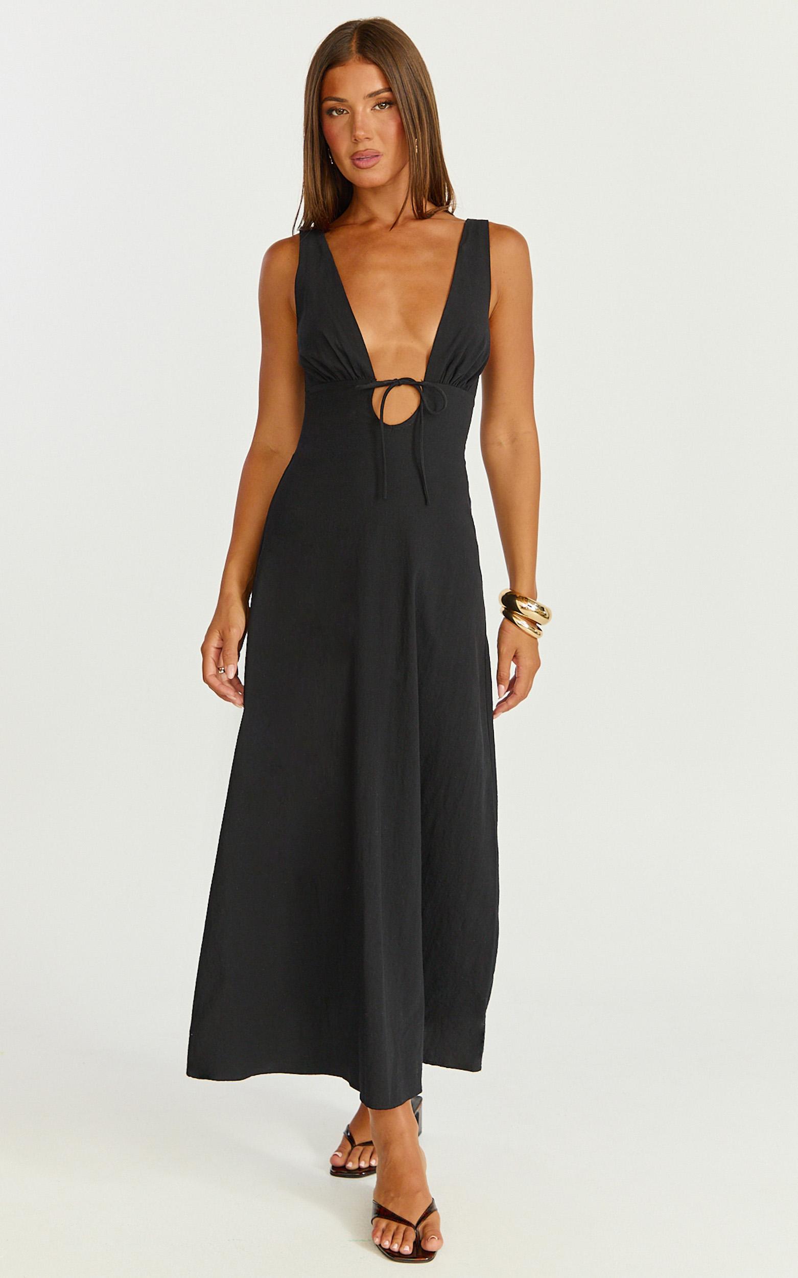 silvena midi dress - plunge neckline tie front a line dress in black