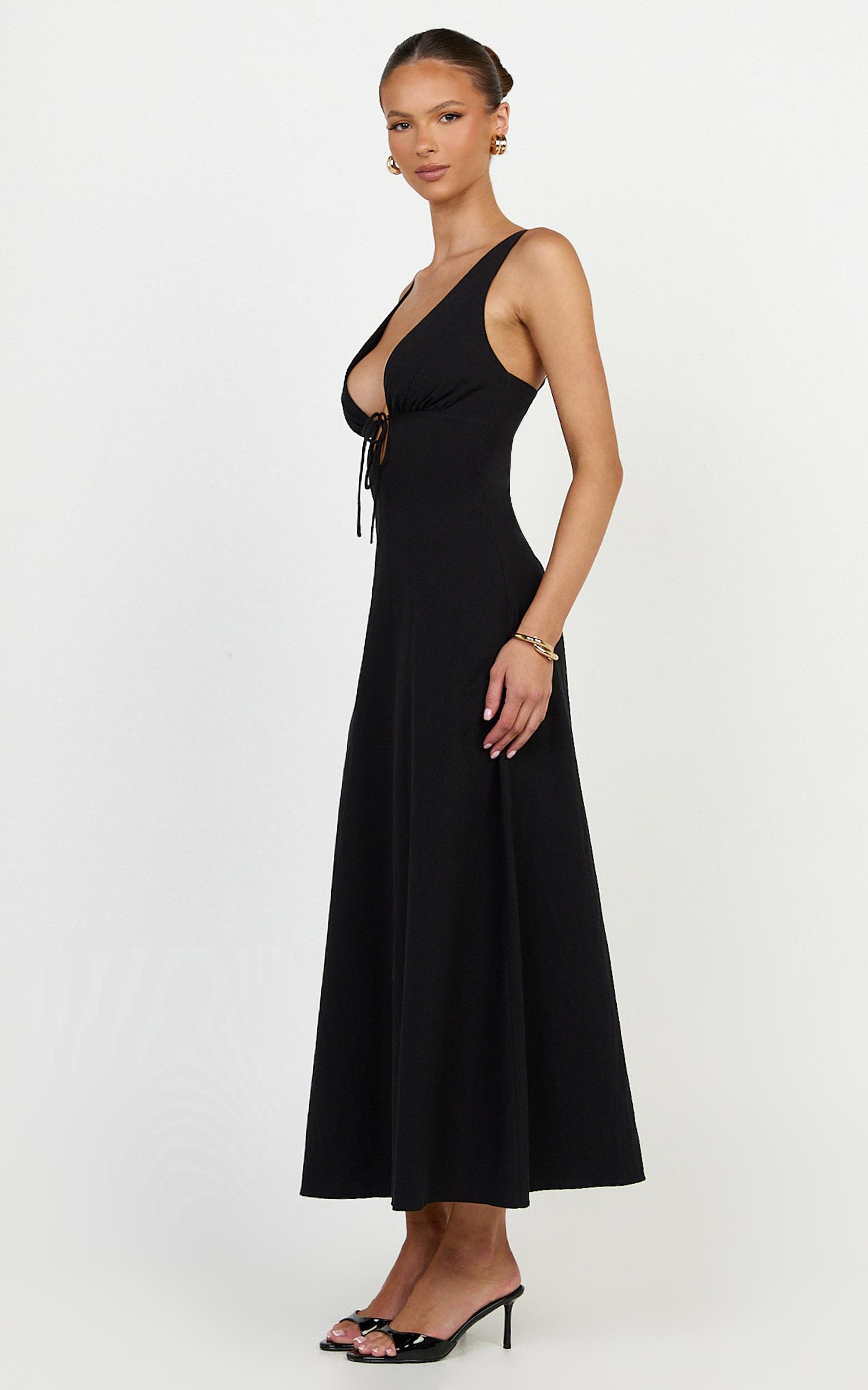 silvena midi dress - plunge neckline tie front a line dress in black