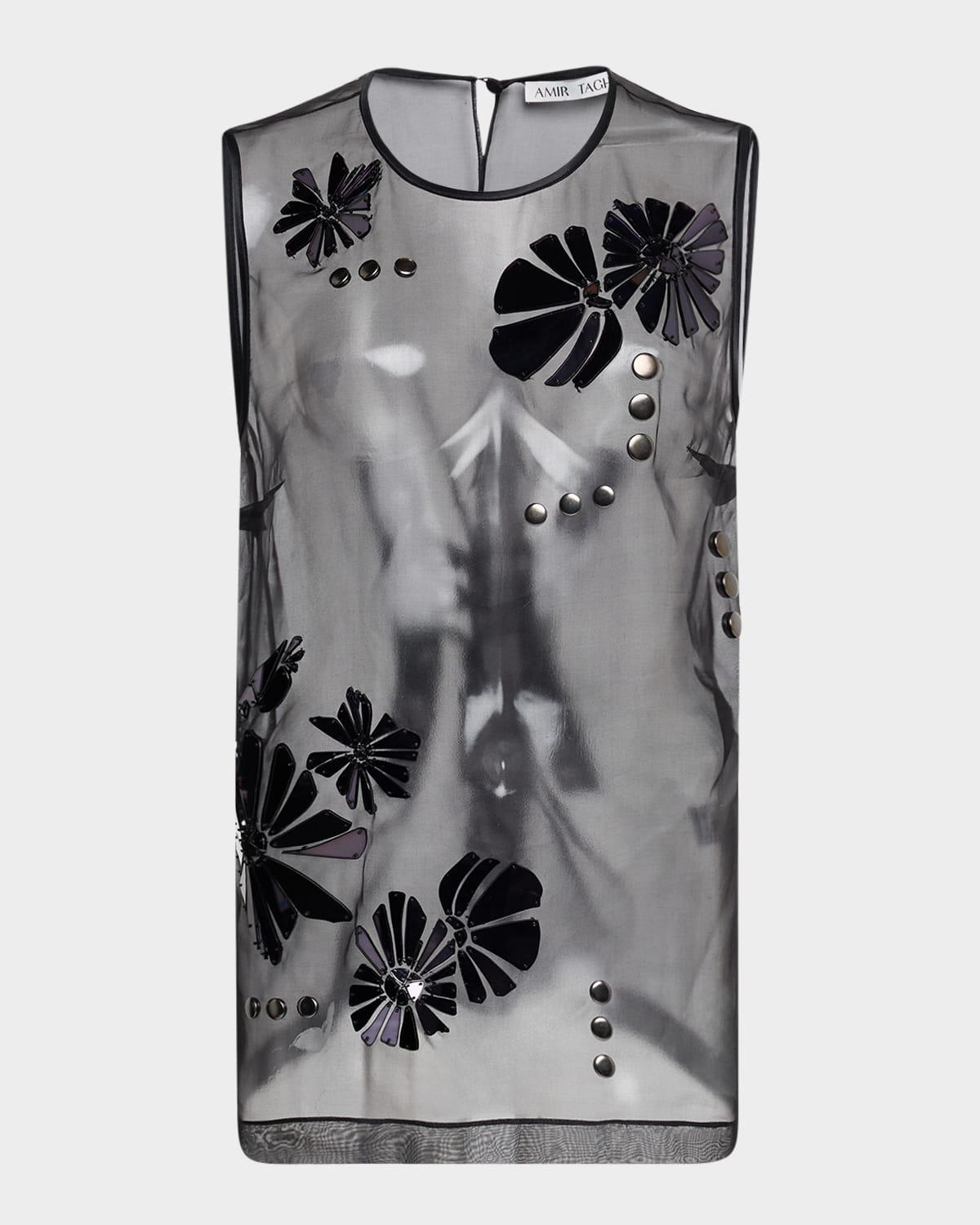 sima floral embroidered sheer silk tank top