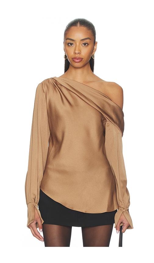 simkhai alice one shoulder top in brown.
