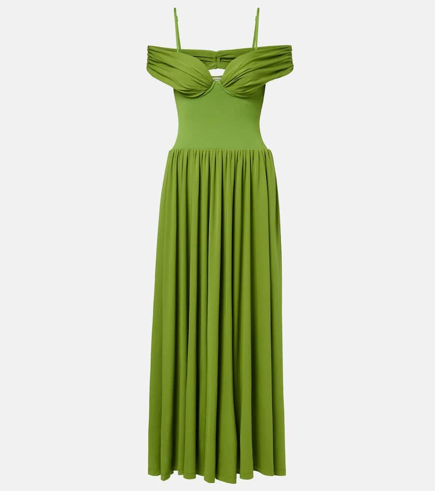 simkhai amarantha draped jersey midi dress