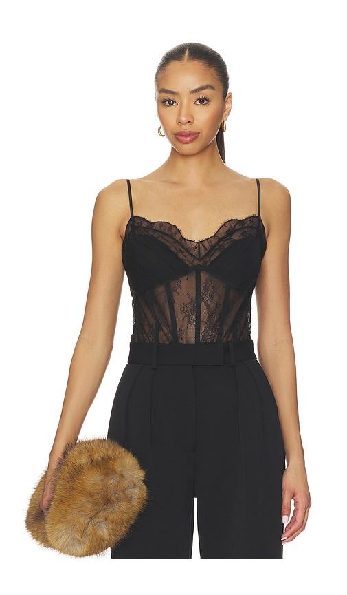 simkhai angelina lace bustier bodysuit in black.