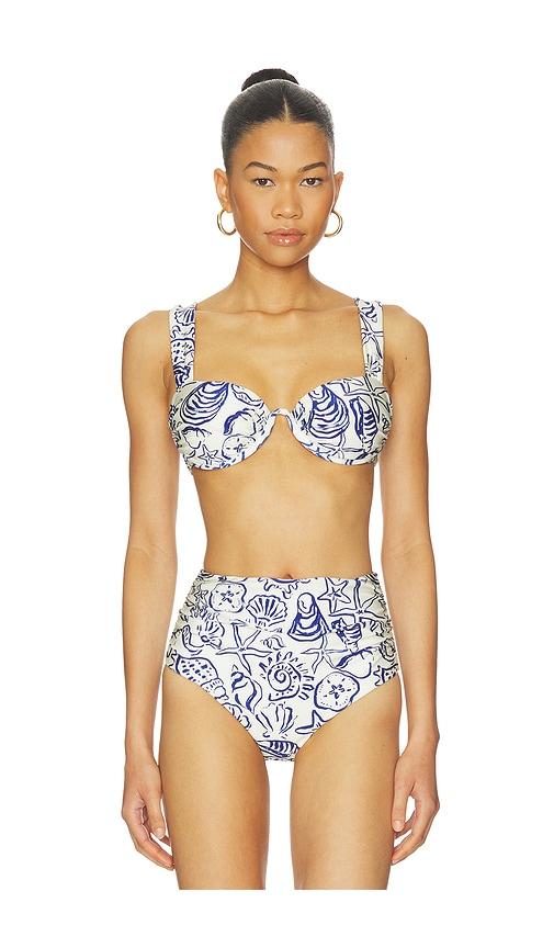 simkhai anniston ruched cup bikini top in navy.