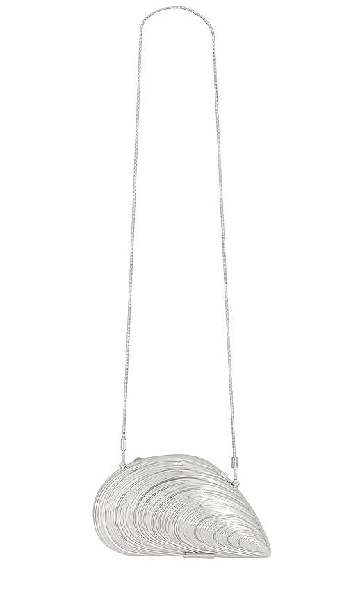 simkhai bridget oyster shell clutch in metallic silver.
