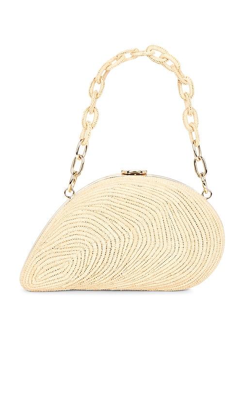 simkhai bridget raffia oyster shell clutch in neutral.