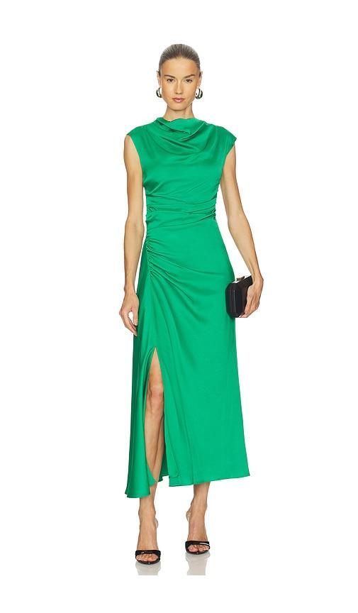 simkhai burke draped mini dress in green.