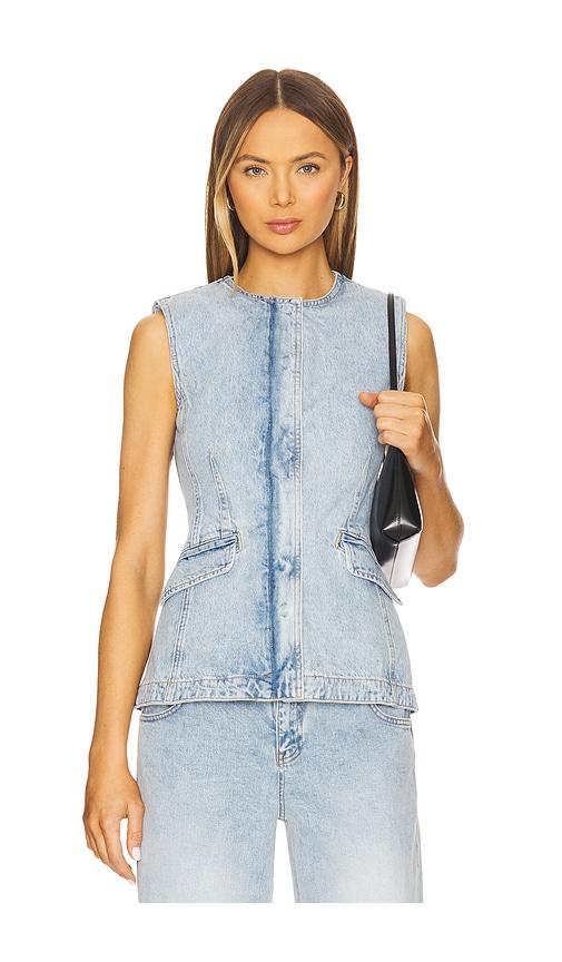 simkhai charley sleeveless button up top in blue.