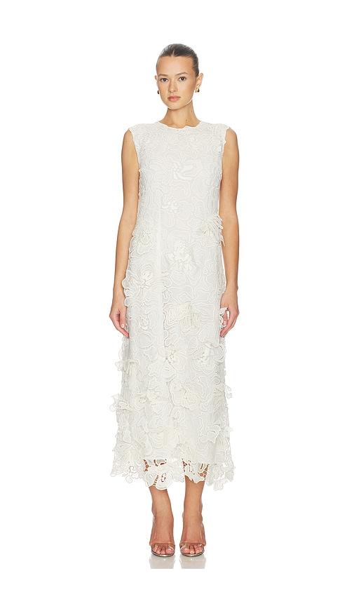 simkhai dahlia lace midi dress in white.