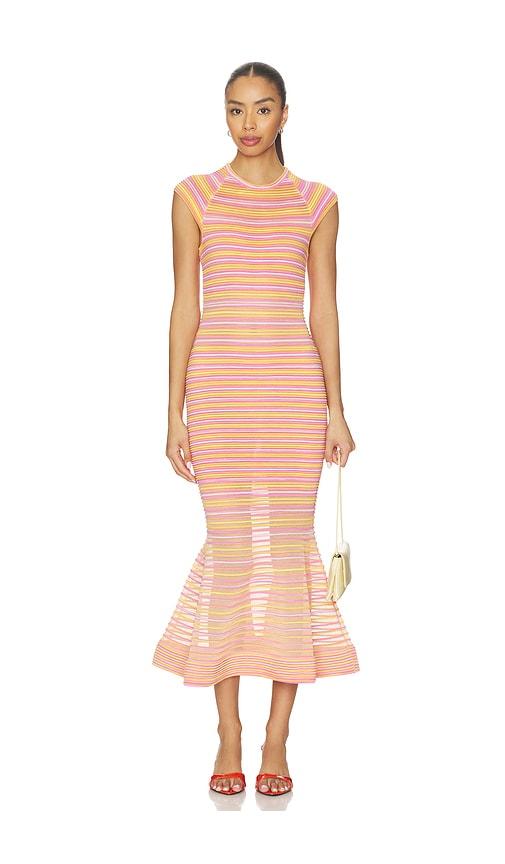 simkhai danica knit midi dress in peach.