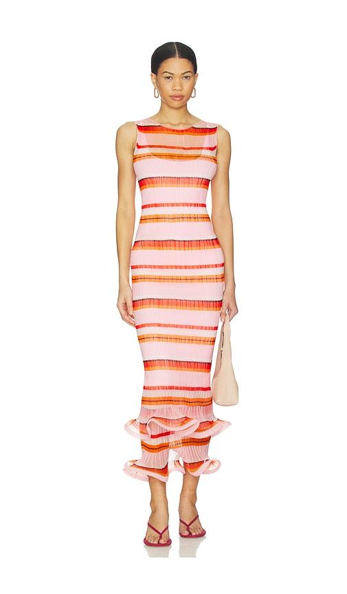 simkhai daniella plisse midi dress in pink,orange.