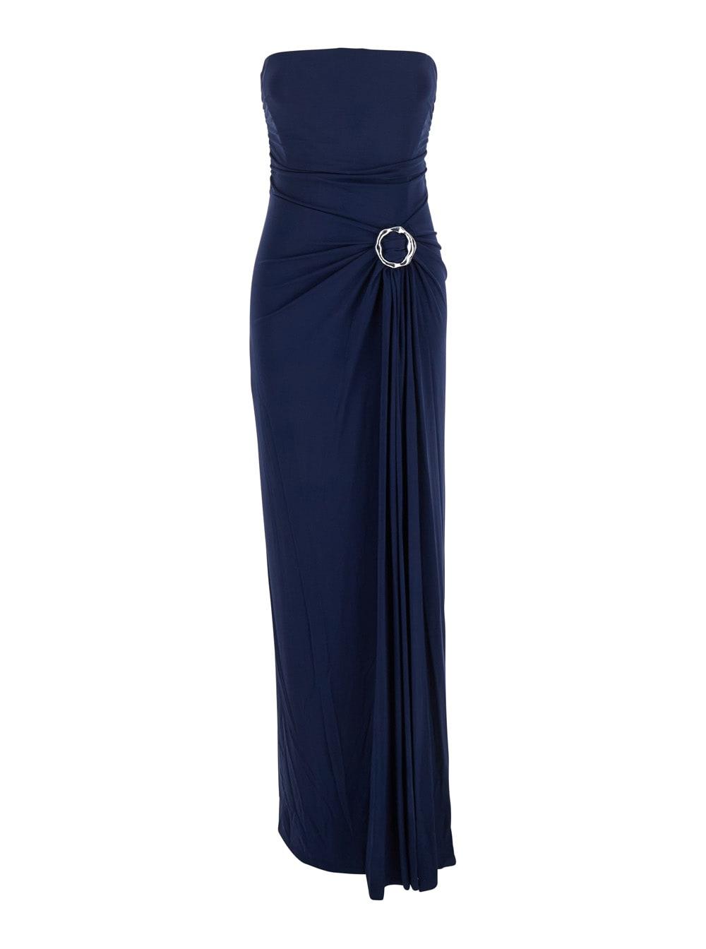simkhai emma blue strapless long dress with ring embellishment in tech fabric stretch woman