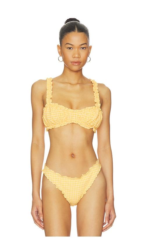 simkhai evander ruched bikini top in yellow.