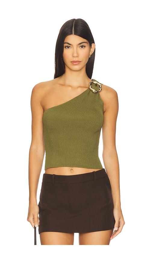 simkhai fenix one shoulder top in olive.