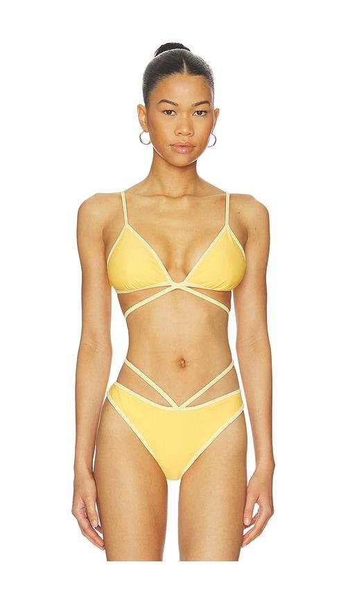 simkhai harlen tie front bikini top in yellow.