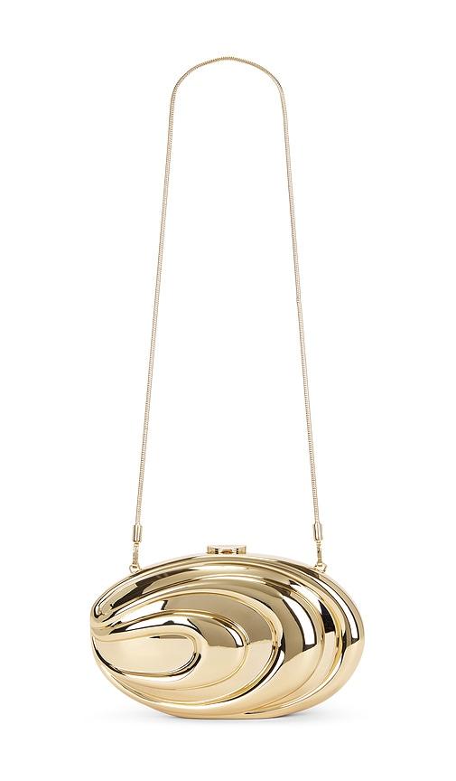 simkhai inez clutch in metallic gold.