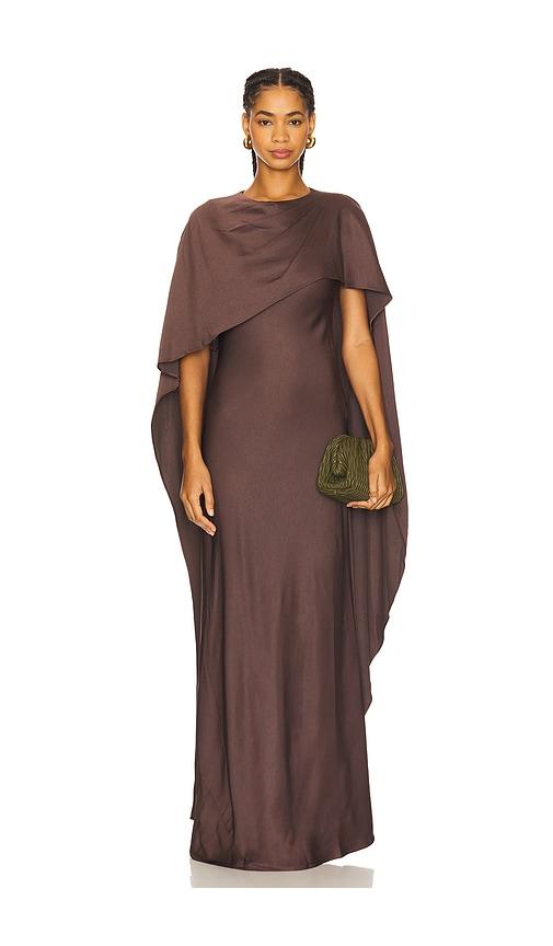 simkhai izel cape gown in chocolate.