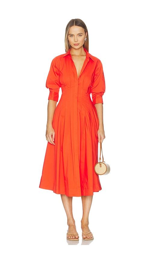 simkhai jazz pintuck midi dress in orange.