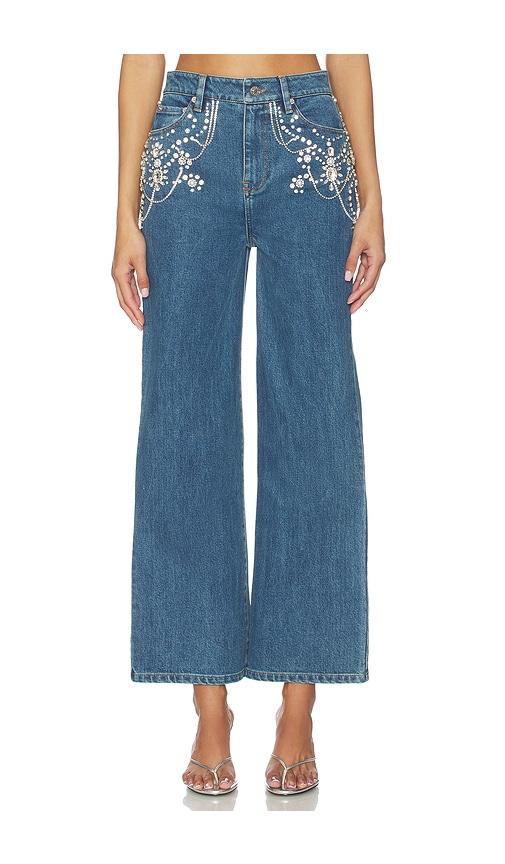 simkhai jude mid rise crop wide leg jean in blue.