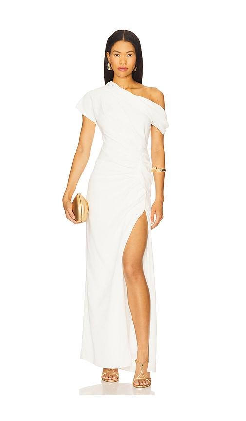 simkhai kally draped midi dress in ivory.