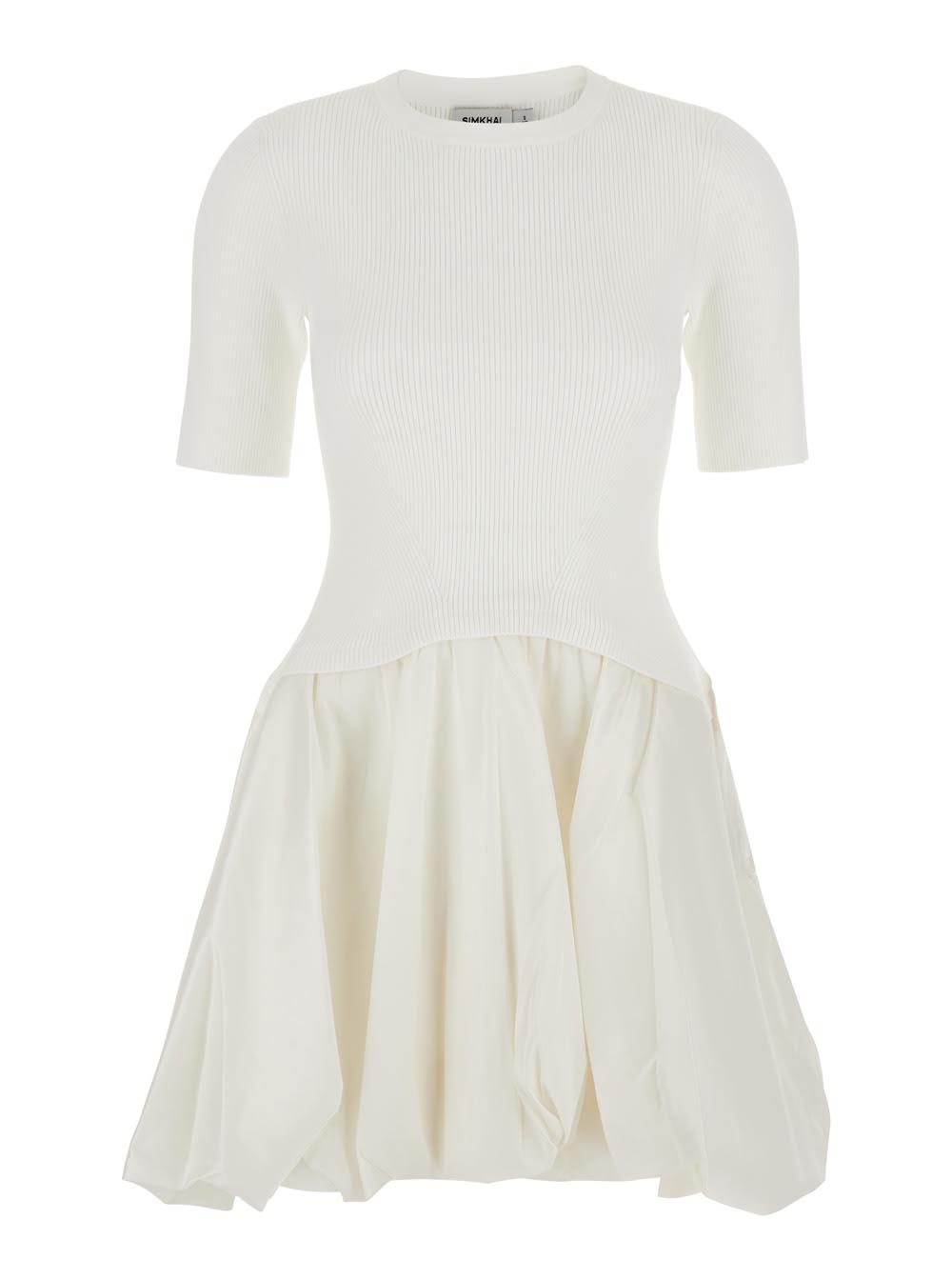 simkhai kenny white crewneck mini dress with puffed skirt in viscose blend woman