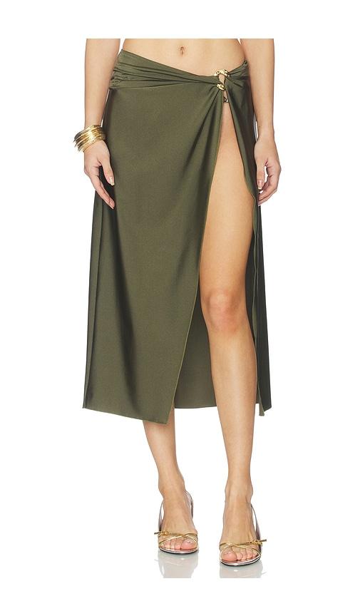 simkhai kora wrap midi skirt in army.