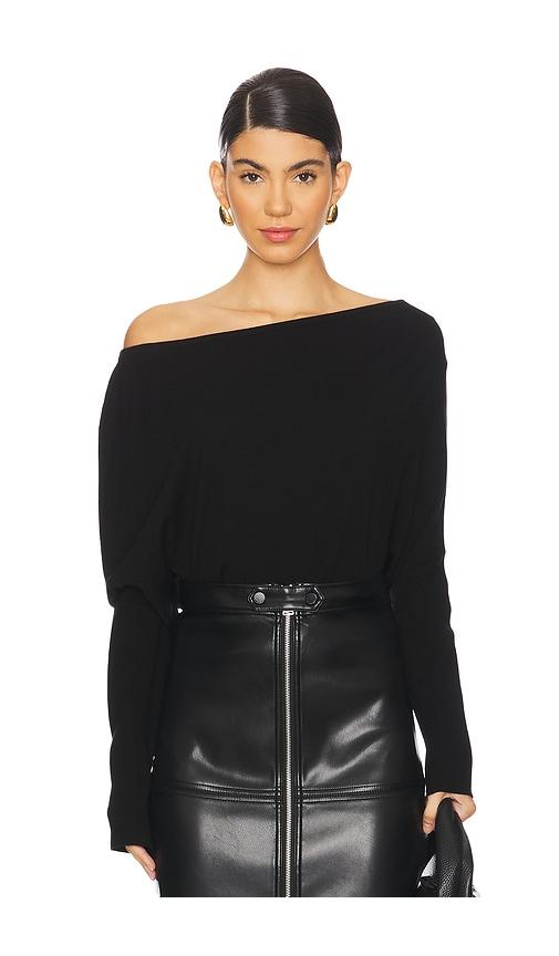simkhai lavina draped off shoulder sweater in black.